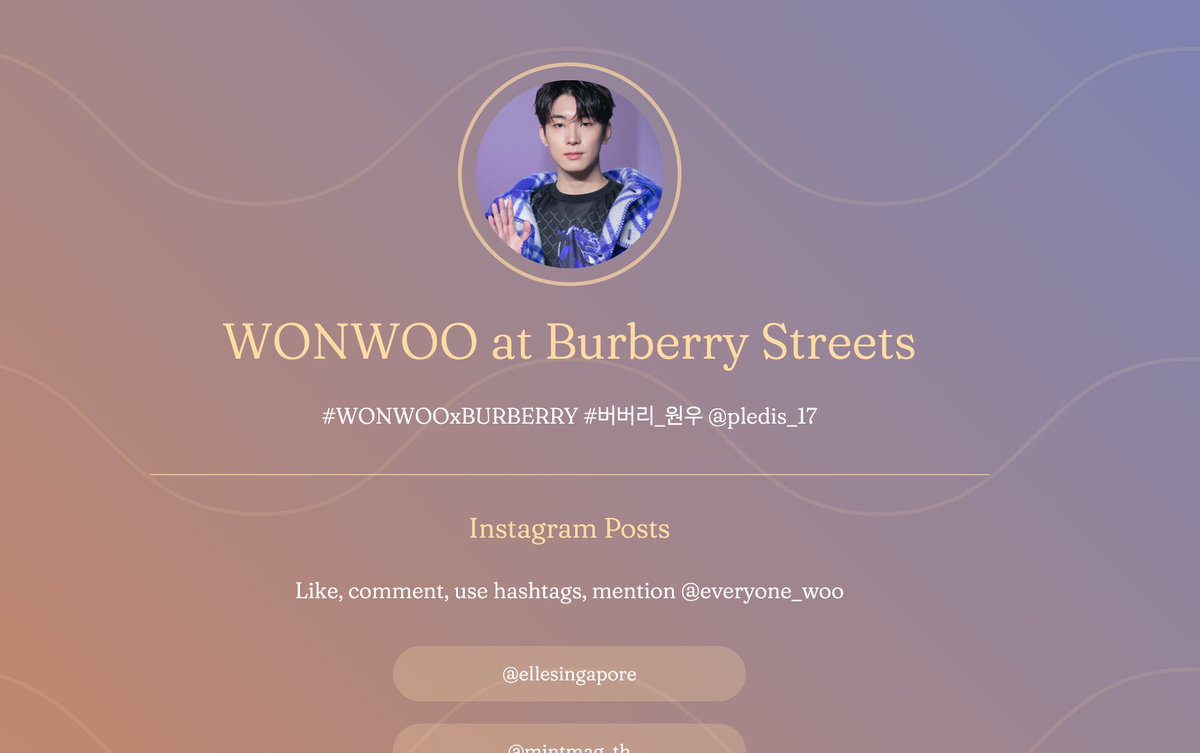 📣 CARATs and WONWOORIDEULs 🫵

We're compiling posts and articles to engage with on Carrd. Please show your support for #WONWOO #원우 ! Feel free to tag us or reply if you find more.

🔖 teamwonwoo.carrd.co/#burberryst 

#WONWOOxBURBERRY
#버버리_원우 
@pledis_17