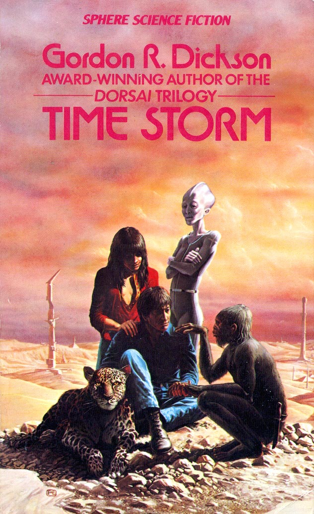 mavmaramis's tweet photo. Gordon R. Dickson, Time Storm, Sphere, 1978. Cover: Peter Elson. Dr Tansley from Caldwell's Aliens in Space. #GordonDickson #PeterElson #time #storm #leopard #hominid #Alien #TerranTradeAuthority #70sscifiart @thatsgoodweb @afrocosmist @70sscifi @retroscifiart @doberes https://t.co/VYb66bD2OR