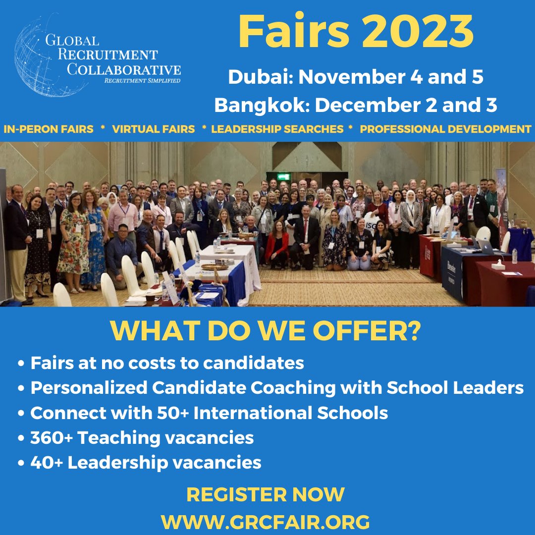 Exciting opportunities await at the GRC Recruitment Fair! 🚀 Explore leadership &amp; teaching positions in premier international schools. Register today for #Dubai #Bangkok events. Updated job count: 372 openings! #Education #Leadership #Teachers #JobFair
bit.ly/GRCFairOpenings