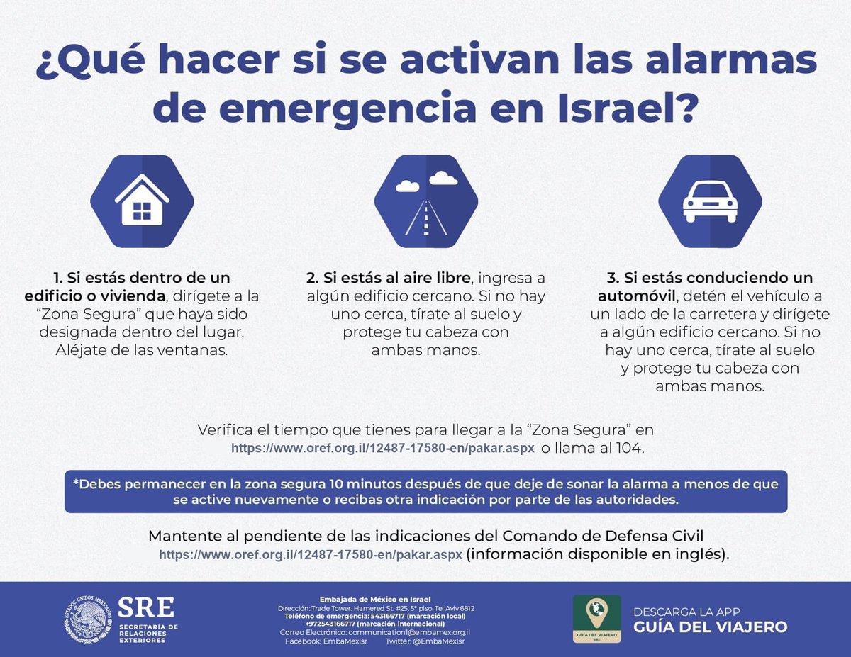 Ante las crecientes tensiones entre Israel y la Franja de Gaza, se recomienda a la comunidad mexicana residente y visitante extremar precauciones y estar atenta a las indicaciones de las autoridades locales: oref.org.il/12487-17580-en…