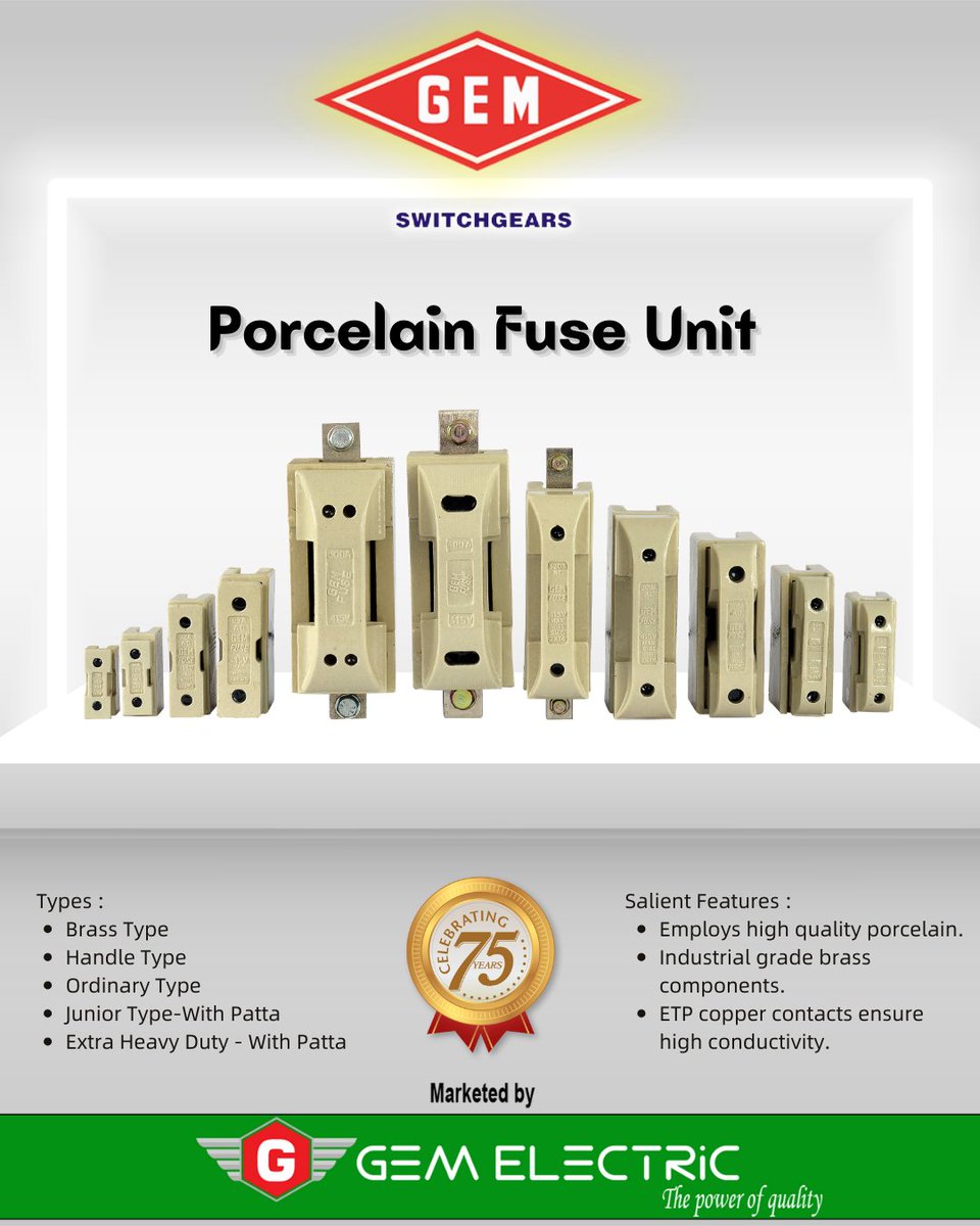 gem_electrical's tweet photo. Porcelain Fuse Unit
@gem_electrical 
#porcelainfuseunit #manufacturers #GEM #marketedby #GEMELECTRiC #wheresafetymatters #thepowerofquality #twitter #trending #75years #celebrating #celebration #socialmedia #TwitterX  #official https://t.co/n6x5fIub6K