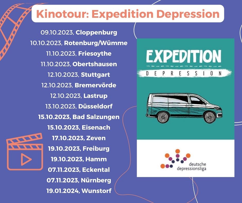 Zwei Wochen waren Jacqueline, Julia, Charis, Christoph und Christoph durch  Deutschland unterwegs – auf den Spuren ihrer Depression. Ergebnis der  Reise ist das Roadmovie "Expedition Depression". Der Dokumentarfilm ist  aktuell auf Kinotour. Infos unter: depressionsliga.de/projekte/exped…