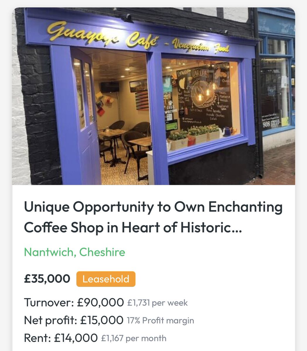Guayoyo Cafe is up for sale.  What a gorgeous gem in Nantwich’s foodie circles. Delicious Venezuelan delights!

rightbiz.co.uk/buy_business/f…

#Nantwich
#NantwichLife
#Cheshire
#CheshireLife
#ShopLocal