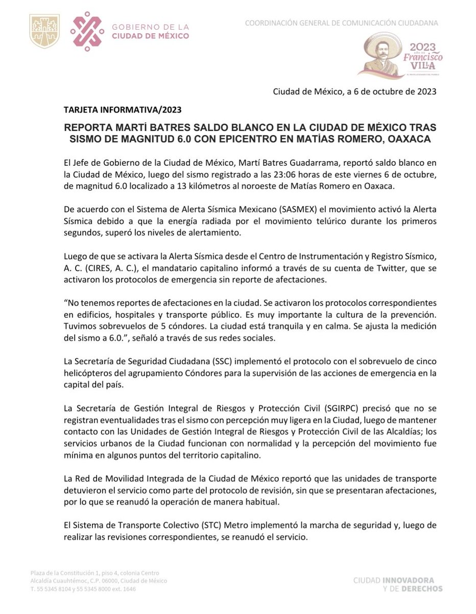 SGIRPC_CDMX's tweet photo. 📰 TARJETA INFORMATIVA: REPORTA MARTÍ BATRES SALDO BLANCO EN LA CIUDAD DE MÉXICO TRAS SISMO DE MAGNITUD 6.0 CON EPICENTRO EN MATÍAS ROMERO, OAXACA

Más información ⬇️⬇️⬇️
https://t.co/qnHuNbZUi5

#LaPrevenciónEsNuestraFuerza https://t.co/rjZzDKKnDb