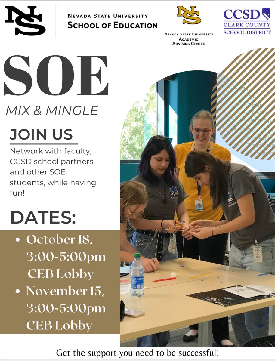 Join us for our SOE Mix &amp; Mingle✨ Connect with SOE Faculty and Staff, Academic Advising &amp; CCSD principals and paint some pumpkins 🎃! Event will be on October 18th in CEB Lobby from 3-5pm! We hope to see you there📚🦂 #NSUSOE #nevadastate #nevadastatecollege