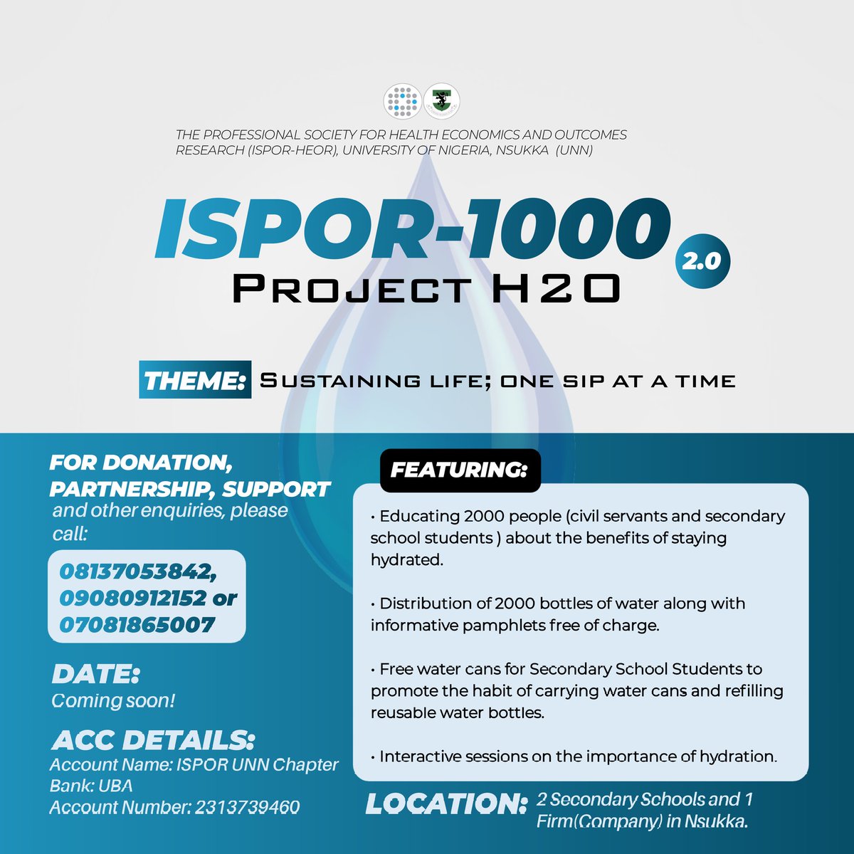 ISPOR_HEOR_UNN's tweet photo. Imagine a world where people understand the life-saving benefits of drinking water💭. That's what Project H2O aims to achieve. Your contribution today can create this reality. 💙💧 #ProjectH2O #Sustaininglife #Onesipatatime https://t.co/GSMn11jmCc