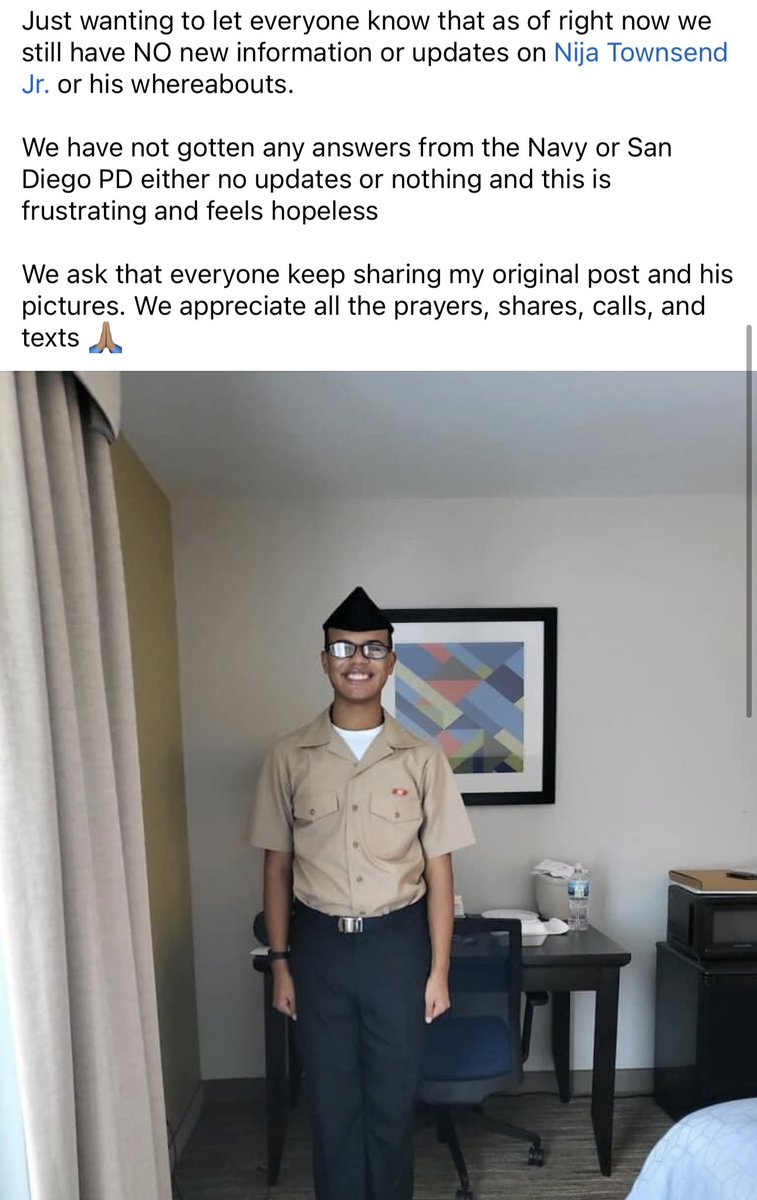901Lulu's tweet photo. Nija Townsend Jr. (20) went missing from San Diego, California on September 29th. He is a Navy sailor assigned to the USS Germantown. His colleagues became concerned when he did not show up for work on October 2nd. Message from his family. They are worried. https://t.co/6ExdPLzfgd