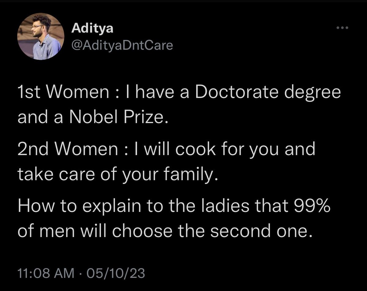 Paromitabardolo's tweet photo. Yes, Aditya. Women are dying to give up their Nobel prizes to be chosen by mediocre, insecure men like you. 
And who will tell you, that you are a gift to womankind and they will burn their Nobel prizes to be chosen by men like you. 
What is nobel, we will burn ourselves for you. https://t.co/B2dycJe0mC