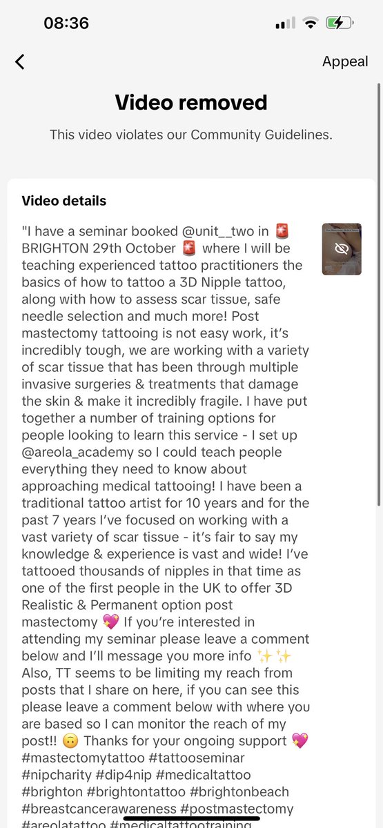 Lucy Thompson (@lucy_nipple) on Twitter photo Hey <a href="/TikTokSupport/">TikTokSupport</a> <a href="/tiktok_uk/">TikTok UK</a> <a href="/tiktokcreators/">TikTok Creators</a>
How are we supposed to raise awareness of breast cancer during #BreastCancerAwarenessMonth if you immediately remove any posts I upload about post #mastectomy Nipple tattoos?
<a href="/nipcharity/">Nipple Innovation Project</a>
<a href="/BBCLookNorth/">BBC Yorkshire</a>
<a href="/BBCWomansHour/">BBC Woman's Hour</a> <a href="/BBCLeeds/">BBC Leeds</a> Hey <a href="/TikTokSupport/">TikTokSupport</a> <a href="/tiktok_uk/">TikTok UK</a> <a href="/tiktokcreators/">TikTok Creators</a>
How are we supposed to raise awareness of breast cancer during #BreastCancerAwarenessMonth if you immediately remove any posts I upload about post #mastectomy Nipple tattoos?
<a href="/nipcharity/">Nipple Innovation Project</a>
<a href="/BBCLookNorth/">BBC Yorkshire</a>
<a href="/BBCWomansHour/">BBC Woman's Hour</a> <a href="/BBCLeeds/">BBC Leeds</a>