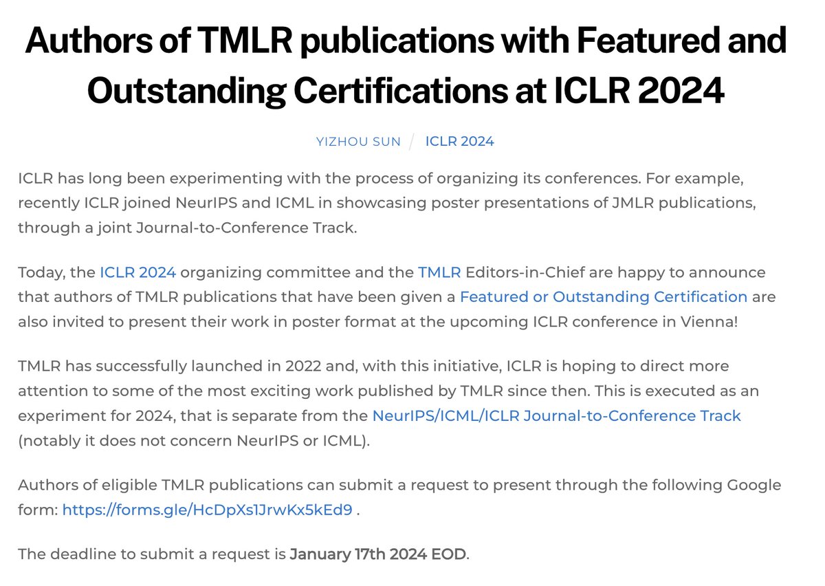 We welcome selected @TmlrOrg publications to be presented at #ICLR2024: blog.iclr.cc/2023/10/06/aut…