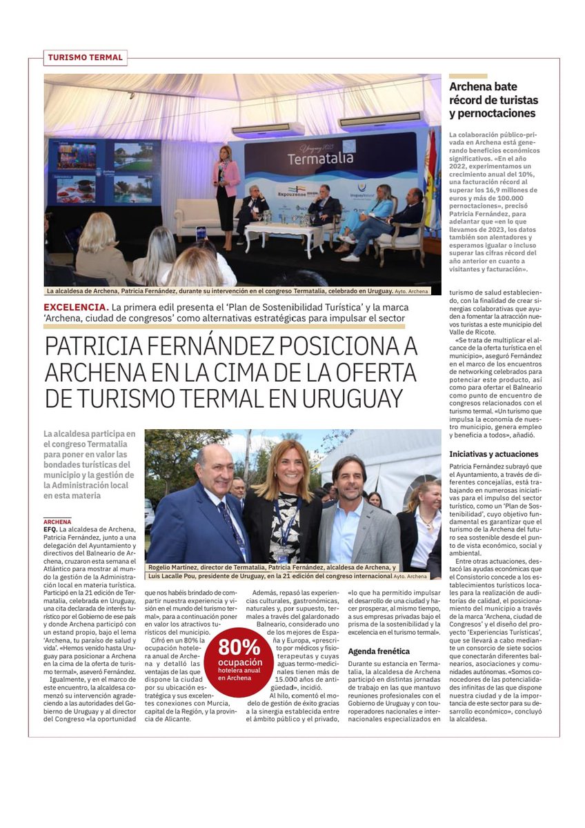AytoArchena's tweet photo. 📰 Hoy en @laverdad_es 

@Patriciaflopez posiciona a Archena en la cima de la oferta de turismo en Uruguay👇 https://t.co/vBddKvVjY5