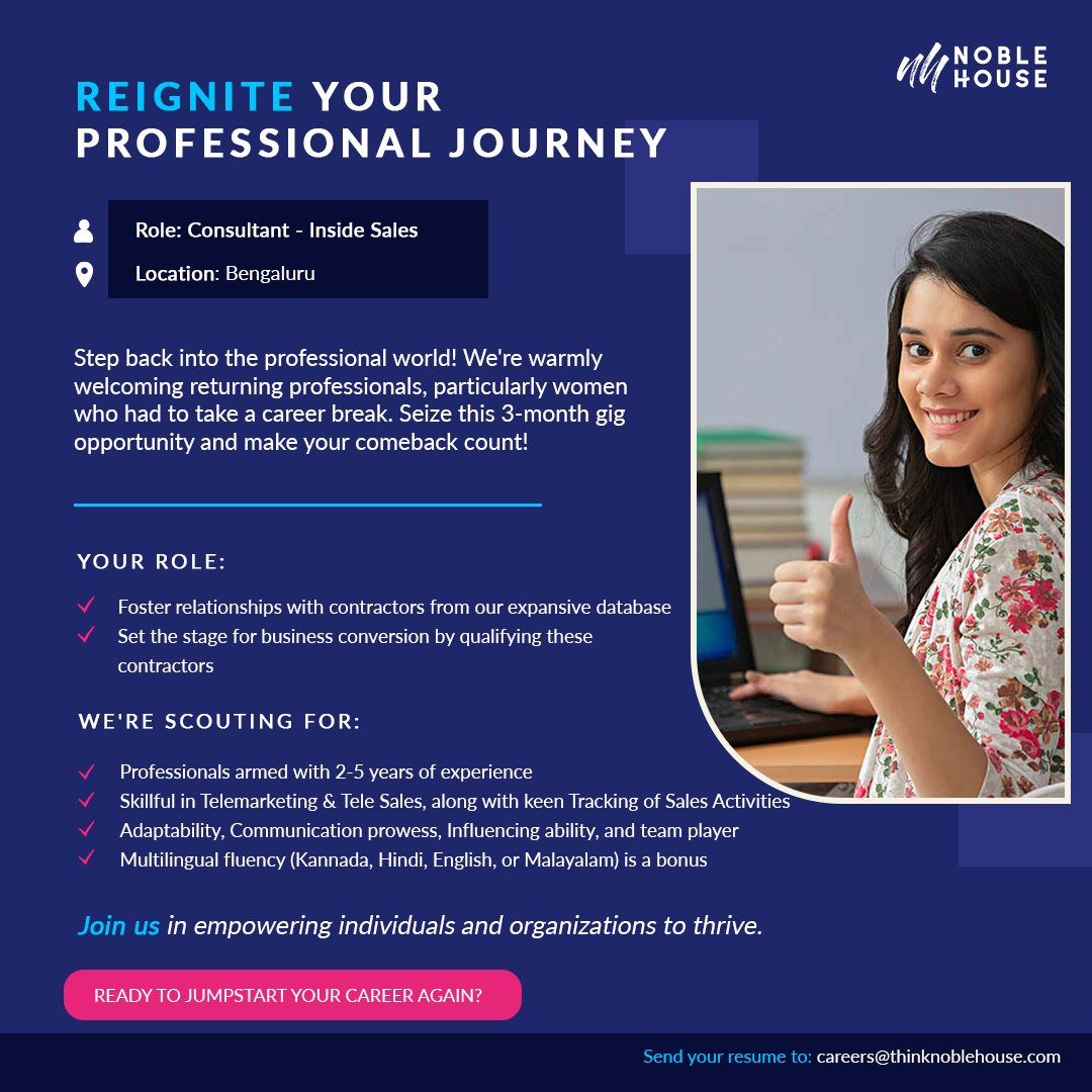 NobleHouseTalks's tweet photo. Rediscover your professional prowess with Noble House! We're inviting returning professionals, especially women, for an exciting 3-month gig opportunity. 

Reignite your career and make a mark in Inside Sales. 

#CareerComeback #Empowerment #InsideSales #WomenInBusiness https://t.co/xoBahwWpup