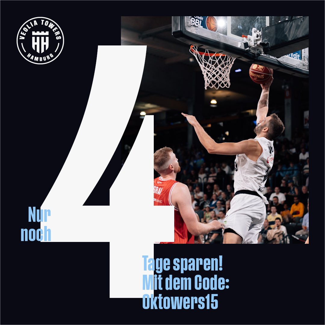 hamburgtowers's tweet photo. 🎟️🌟🏀 Tickets sichern mit dem Code Oktowers15 🏀🌟🎟️

Noch 4 Tage lang auf 5 Heimspiele 15% Rabatt sichern! 🤩

Ticketshop besuchen &amp; sparen: ➡️ https://t.co/TsG75wTdue

#VeoliaTowersHamburg https://t.co/zd0VpLxgh7