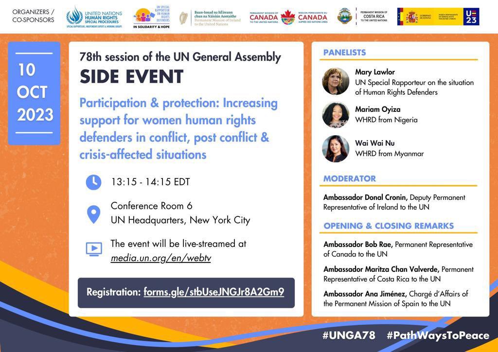 Women human rights defenders in conflict and post conflict settings needs protection, as our work places us at more risk of being survivors ourselves. Join us to hear more @MaryLawlorhrds @UNFPANigeria @Refugees @DavidHundeyin @NGRPresident #UNGA78 #feminist #WomenEmpowerment