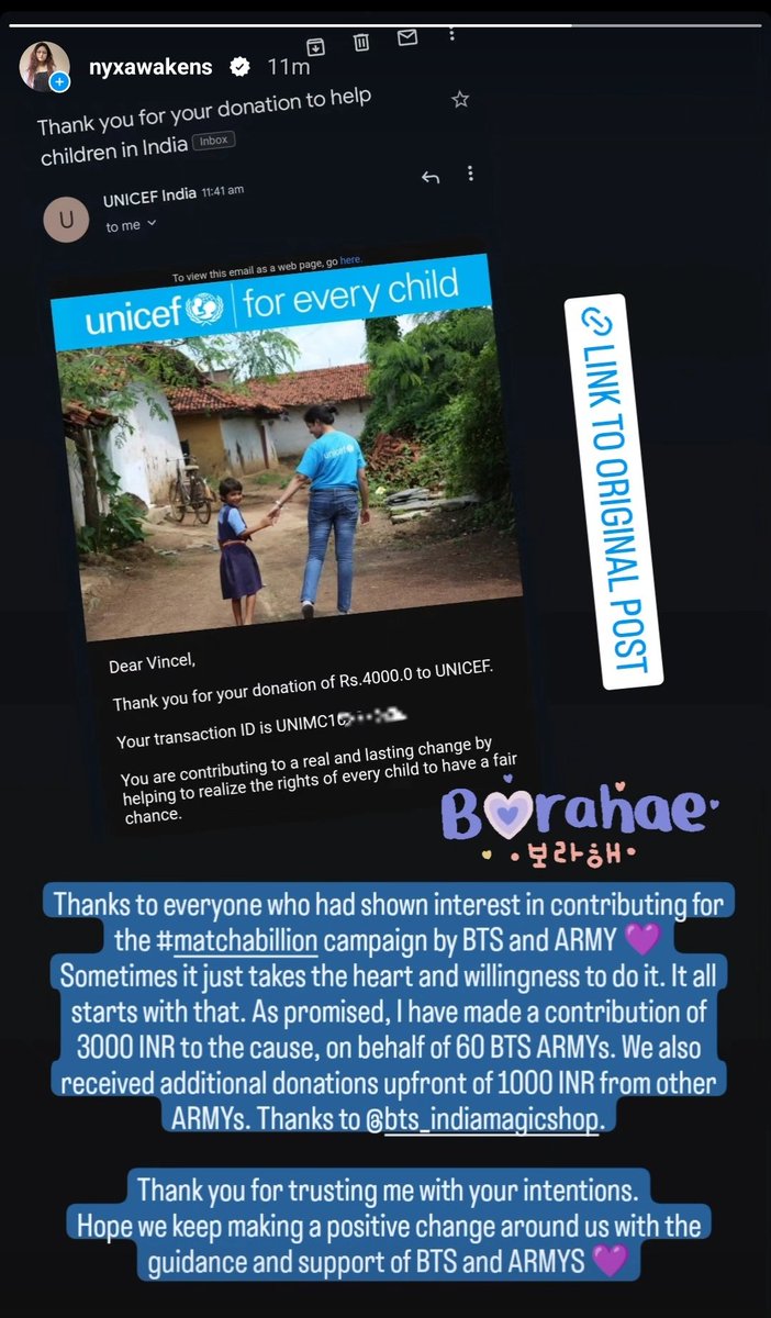 NyxAwakens's tweet photo. As promised, here goes my additional contribution to the original 1000 INR towards #matchabillion by BTS and ARMYs.
As of today I have contributed 5000 INR in total, thanks to the ARMYs who showed interest in contributing and encouraged me to make the donation. https://t.co/OlNl9CBIq4