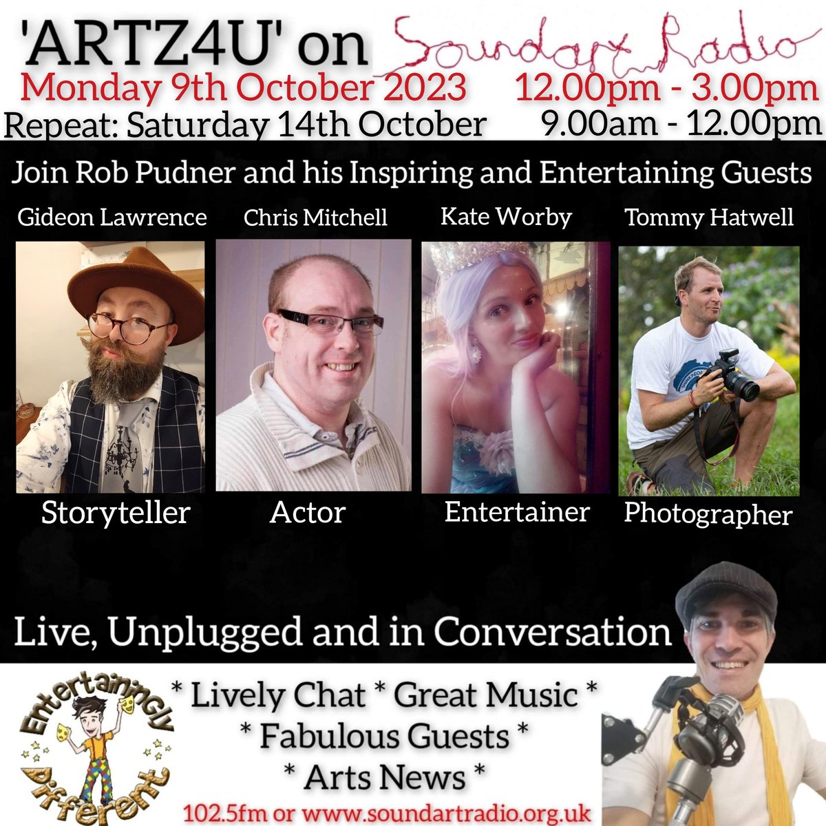 Rob Pudner (@entertaininglyd) on Twitter photo Next week <a href="/SoundartRadio/">Soundart Radio</a> as well as playing plenty of great music the <a href="/EntertaininglyD/">Rob Pudner</a> Rob Pudner will be in conversation with a Storyteller, an Actor, a Performer & a Photographer. Listen to ARTZ4U on Mon at 12pm or Sat at 9am by simply clicking this link icecast.commedia.org.uk:8000/soundart.mp3 Next week <a href="/SoundartRadio/">Soundart Radio</a> as well as playing plenty of great music the <a href="/EntertaininglyD/">Rob Pudner</a> Rob Pudner will be in conversation with a Storyteller, an Actor, a Performer & a Photographer. Listen to ARTZ4U on Mon at 12pm or Sat at 9am by simply clicking this link icecast.commedia.org.uk:8000/soundart.mp3