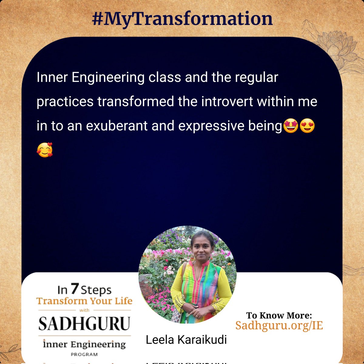 khandekar_priya's tweet photo. Inner Engineering class the regular practices transformed the introvert within me into an exuberant and expressive being💕👍
#innerengineering
#innerengineeringonline
#sadhguruinaustralia
#MyTransformation https://t.co/DxJ0RkmpSL