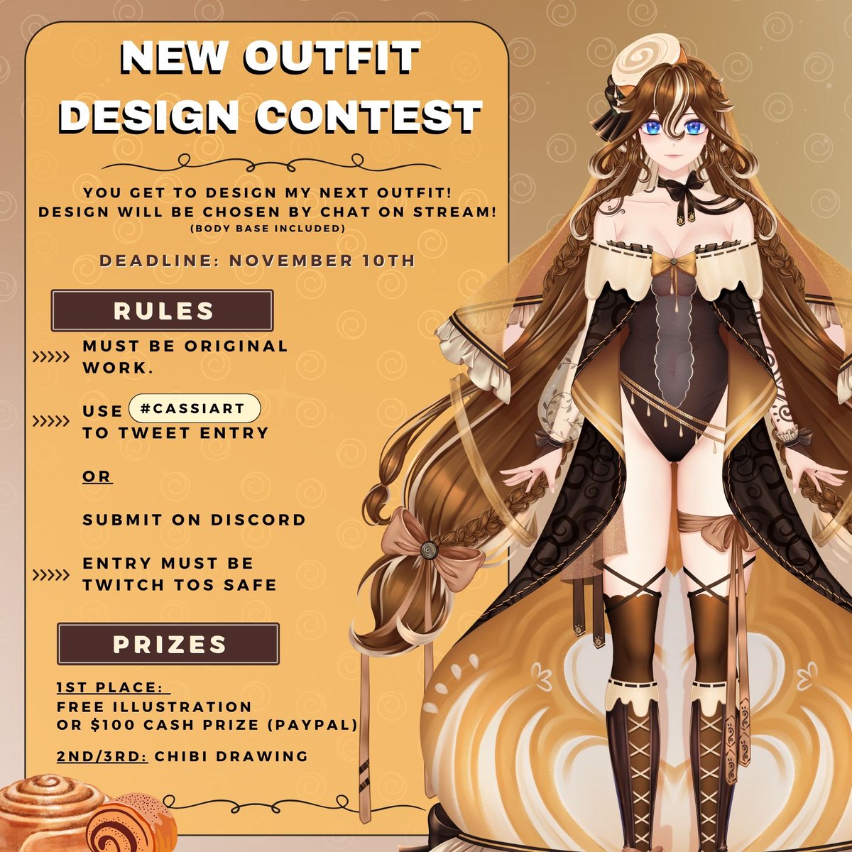 🧡 [ OUTFIT DESIGN CONTEST ] 🧡
As part of the subtember goal reached, I will be hosting a design contest!

-> All rules, how to submit, and prizes are in the picture below!

Can't wait to see your designs!

#Vtuber #envtuber #vtubersuprising