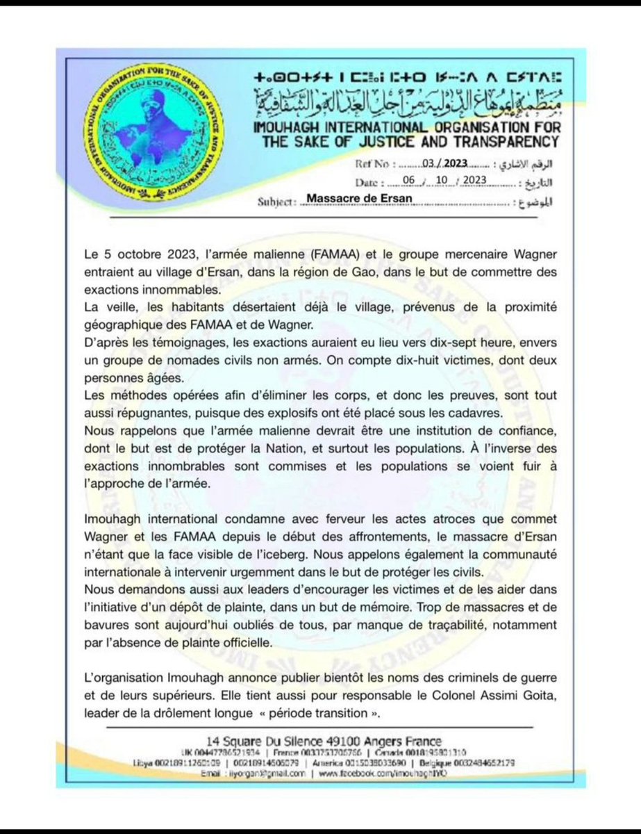 ImouhaghI's tweet photo. #Ersan Region #Gao
« *Le drame d’Ersan : Imouhagh international appelle à la justice pour les victimes de #Wagner et des #FAMAA
@AmnestyWARO @ONU_fr @CourPenaleInt @ImouhaghI https://t.co/kLZQ0QQzOF