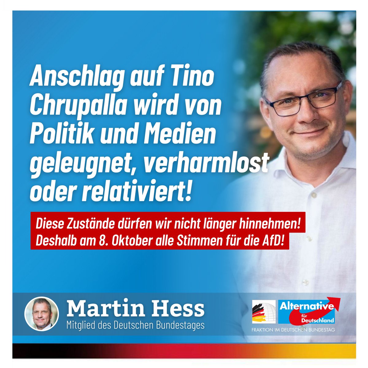 Es bestehen keine Zweifel mehr: Auf Tino Chrupalla wurde in Bayern ein feiger Anschlag verübt. Der Ärztebericht der Klinikums Ingolstadt spricht glasklar von einer "intramuskulären Injektion mit einer unklaren Substanz". Die Mediziner haben darüber hinaus einen „kompletten