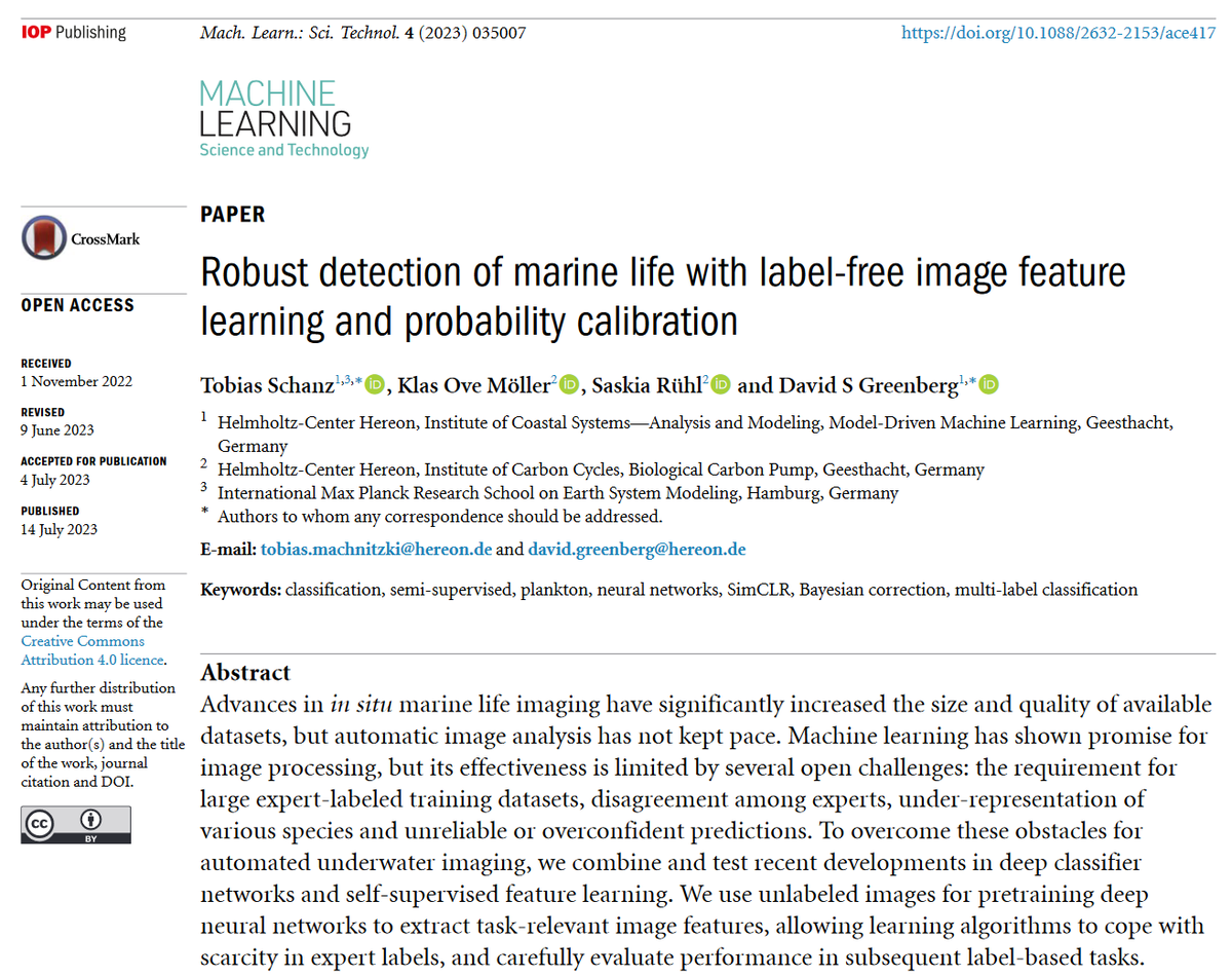 MLSTjournal's tweet photo. 'Robust detection of #marine life with label-free image feature learning and probability calibration' by @SaskiaRuehl @KlasOve @dvdgbg @HereonHelmholtz @helmholtz_de hits 500 downloads! https://t.co/XrbAx00iCt #machinelearning #environment #imaging #ecology #biodiversity #AI #HPC https://t.co/m7XR7zGYV5
