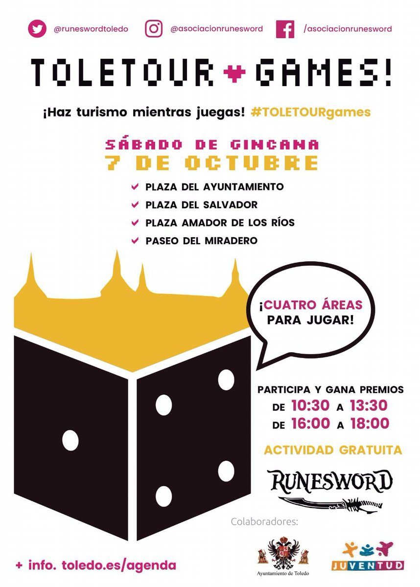 🎲 ¡TOLETOUR ❤️ GAMES! 🎲
#Octubre2023 #OcioJoven

💬 Hoy estrenamos #TOLETOURgames 🎲 ✨ en la ciudad de #Toledo ❤️ Empieza a las 10:30 ⏰

➡️ Vente a la plaza del ayuntamiento de Toledo y participa 👏👏👏

⚠️ Este evento tiene formato gincana ;)

@runeswordtoledo
@toledojoven