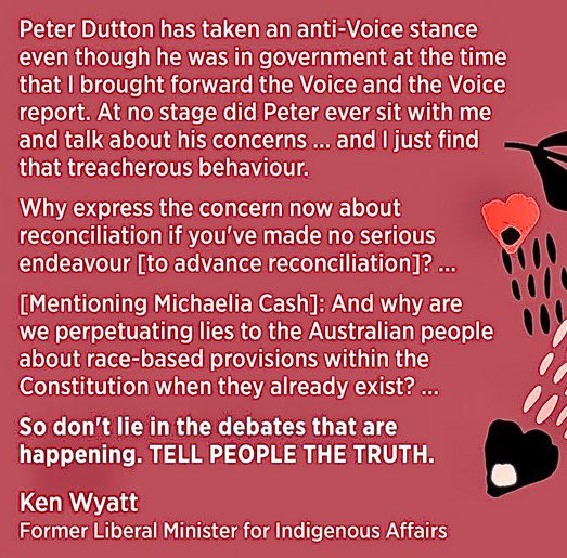 ShiannonC's tweet image. Ken Wyatt:

“Peter Dutton has taken an anti-Voice stance even tho he was in govt at the time that I brought forward the Voice &amp;amp; the Voice report. At NO stage did Peter ever sit with me &amp;amp; talk about his concerns.. &amp;amp; I just find that treacherous behaviour.

Why express the concern…