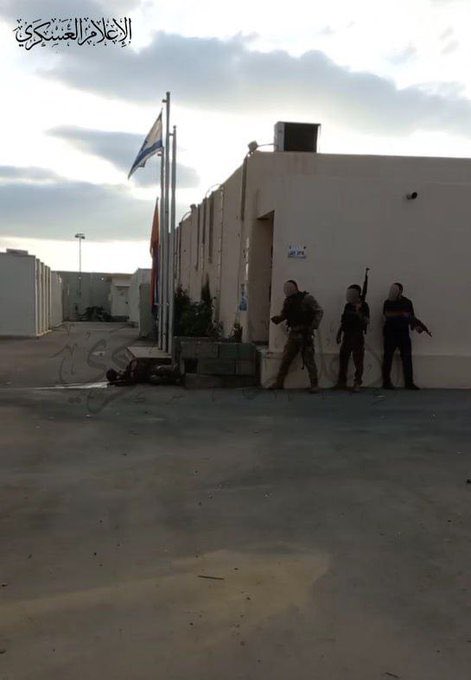 sentdefender's tweet photo. Terrorists with the Al-Qassam Brigades of Hamas have reportedly Captured an Israeli Military Base near the Border with Gaza. https://t.co/60EQQAuoQT
