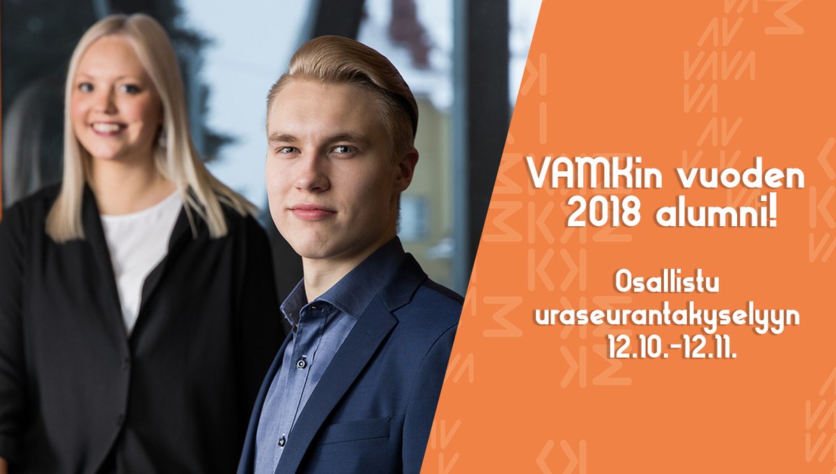 VAMKtweets's tweet photo. Hei, vuoden 2018 alumnimme! Vastaa valtakunnalliseen uraseurantakyselyyn 12.10.-12.11. Saat kyselylinkin tekstiviestillä ja sähköpostilla, joten älä ohita sitä. Suuri kiitos kun autat vastauksillasi myös tulevia opiskelijoita! 🧡
#uraseuranta #AMKistauralle #YlpeästiAMK #vamk https://t.co/k6Kw1T4mDu