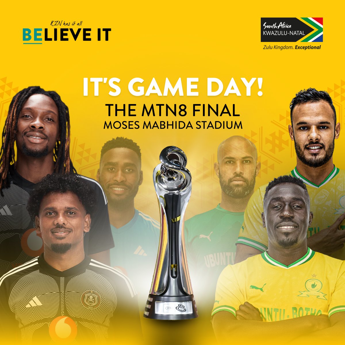 VisitKZN's tweet photo. Are you ready for the showdown between Mamelodi Sundowns and Orlando Pirates at the #MTN8 final in KZN today? It's game day and our province is alive with the buzz from sporting enthusiasts!
#KZNHasItAll #BelieveIt #MTN8 #KZNSport #KZNEvents https://t.co/RWmdkZdFTB