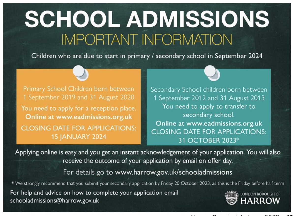 Calling our Year 6 families!

31st October deadline coming up to apply for your child’s secondary school place. If you need help, pop into either academy’s office!

We also welcome applications for Reception 2024 - parent tours every week!

harrow.gov.uk/schooladmissio…
