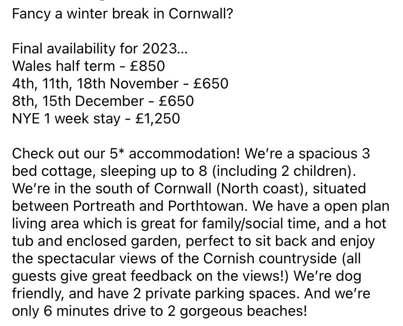Fancy a winter break in Cornwall? Final availability for 2023…
Wales half term 28th oct - £850
4th, 11th, 18th November - £650
8th, 15th December - £650
NYE 1 week stay - £1,250