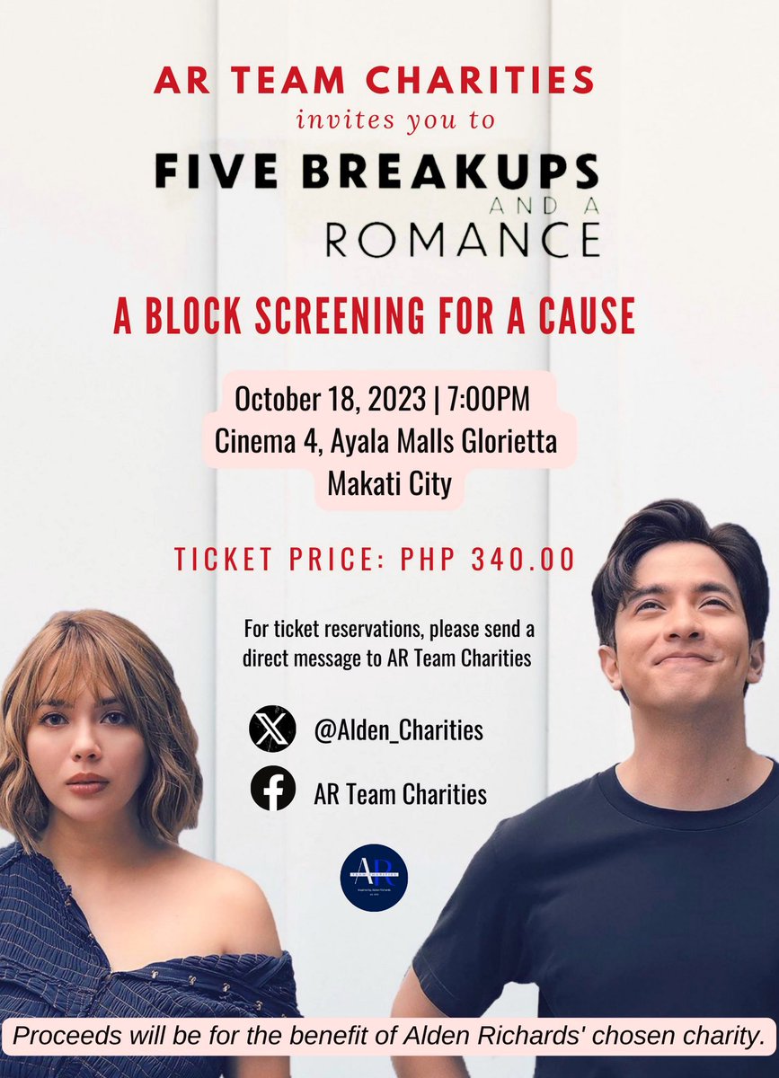 Willing to sponsor 2 <a href="/yourjuliamontes/">Julia Montes</a> fans to our ( AR Team Charities) Block Screening on Oct 18 at Glorietta Cinema 4 (7pm). For those interested pls PM me.
#FiveBreakupsAndARomance
#ALDENRichards
#JULIAMontes
<a href="/aldenrichards02/">Alden Richards</a>