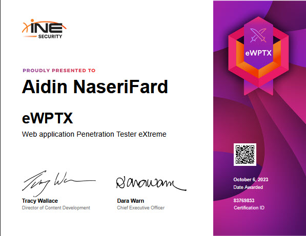 NaserifardA's tweet image. I'm absolutely thrilled to share my latest accomplishment – I am now officially certified as an #eWPTXv2 professional, thanks to the outstanding training and resources provided by #eLearnSecurity and #INE. @INEsecurity @ine #eWPTXv2 #PenetrationTesting #certificate #Hacking