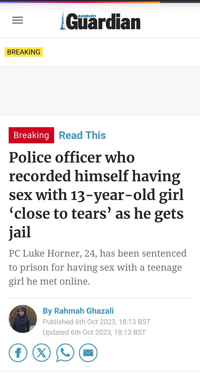 snigskitchen's tweet photo. Hi
@YahooNewsUK @NationalWorld
@banburynews
The framing of this news story you've shared on the jailing of PC Luke Horner is deeply problematic. It implies consensual sex when the girl was just 13. The "close to tears" attempts to evoke sympathy. https://t.co/tRcrmJve92