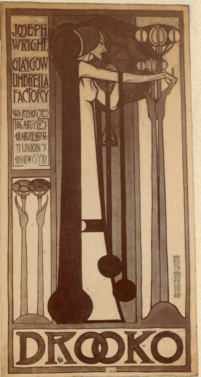 If you do venture out, you'd better take one of Mr Wright's finest. The Drooko Umbrella Co had 4 stores in Glasgow alone. Their slogan was: I walk the world a raintight fella, beneath the Joseph Wright Umbrella These incredible ads were produced by Margaret & Frances Macdonald.