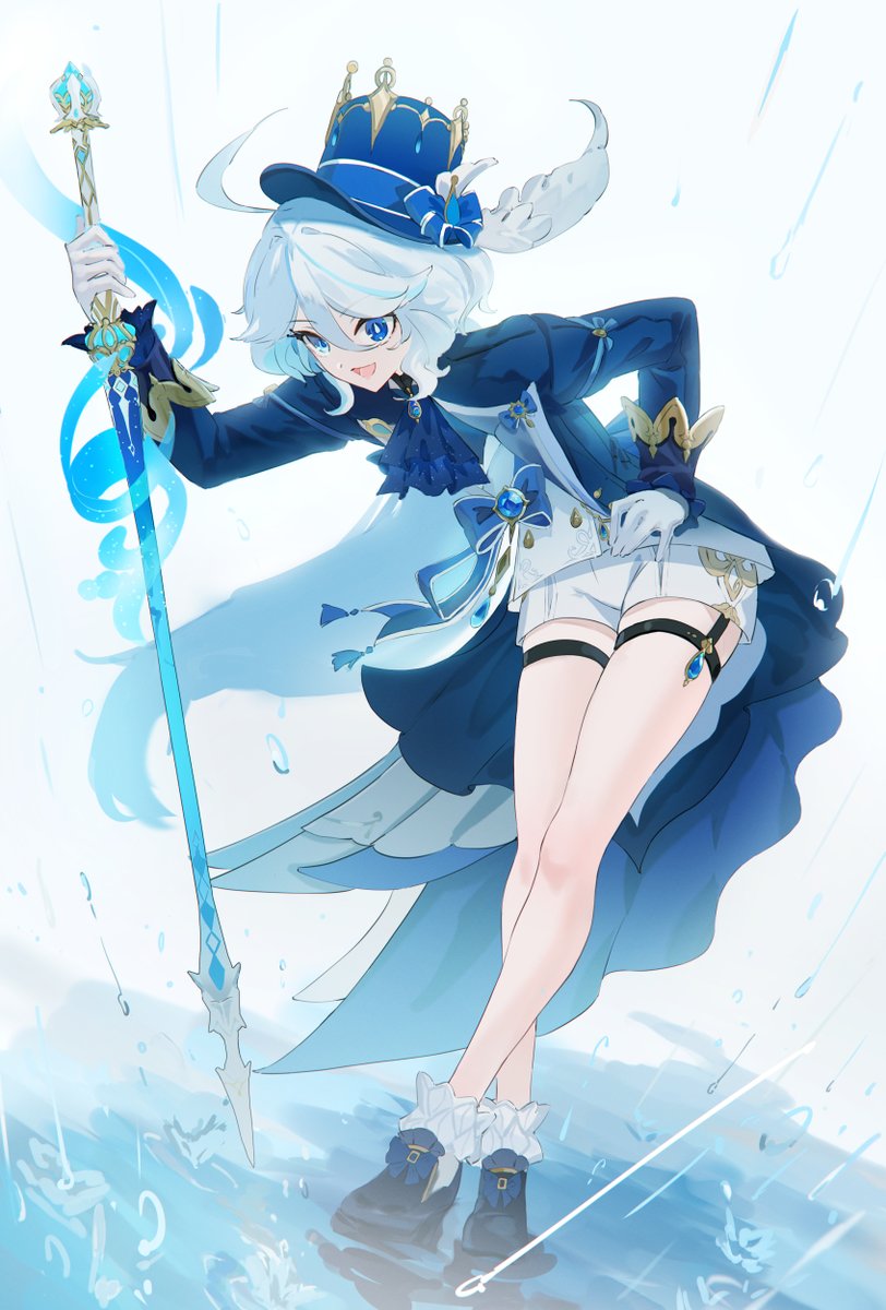 blue eyes hat gloves shorts solo thigh strap white hair  illustration images