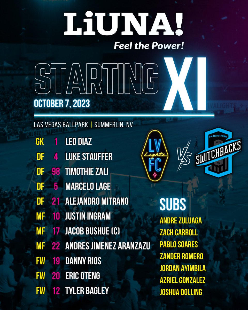 Here's our Laborers Union Local 872 #StartingXI for our first game at <a href="/thelvballpark/">Las Vegas Ballpark</a> as we take on Colorado Springs tonight.

You have a bit under an hour to make it out to Downtown Summerlin to catch all the action 𝗟𝗜𝗩𝗘! #VivaLights ⚽️🎉

🎟️ LightsFC.com/Summerlin
