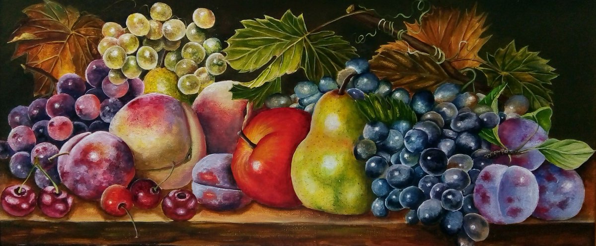 Canvas. Acrylic. I wanted to paint a variety of colorful fruits, a joyful lively still life))#AcrylicPainting #FruitArt #ColorfulCanvas #StillLife #JoyfulArt #Pear #Apple #Grapes #Plum #Peach #VineLeaves #Cherry #ArtisticCreation #NatureInspiredArt #VibrantColors #ArtLover