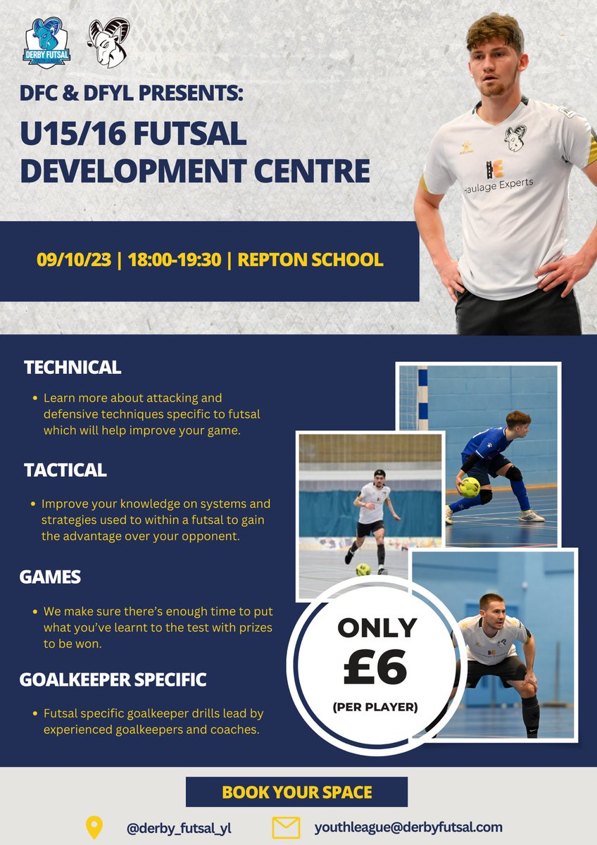@derby_futsal x @derby_futsal_yl  U15/16 Development Centre 

This coming Monday. Just 5 spaces left. 

Set to be a great evening 🙏