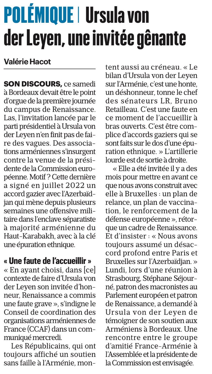 DelphineMuron's tweet photo. « @vonderleyen une invitée gênante. » 
@le_Parisien 

Afficher son soutien à l’Armenie sans sanctionner l’Azerbaïdjan… et encore un tube de vaseline ! STOP aux paroles. PLACE aux actes.

#StopArmenianGenocide2023 #stopAliev #SanctionAzerbaijan #SanctionAliyev https://t.co/xDl4pruRmO