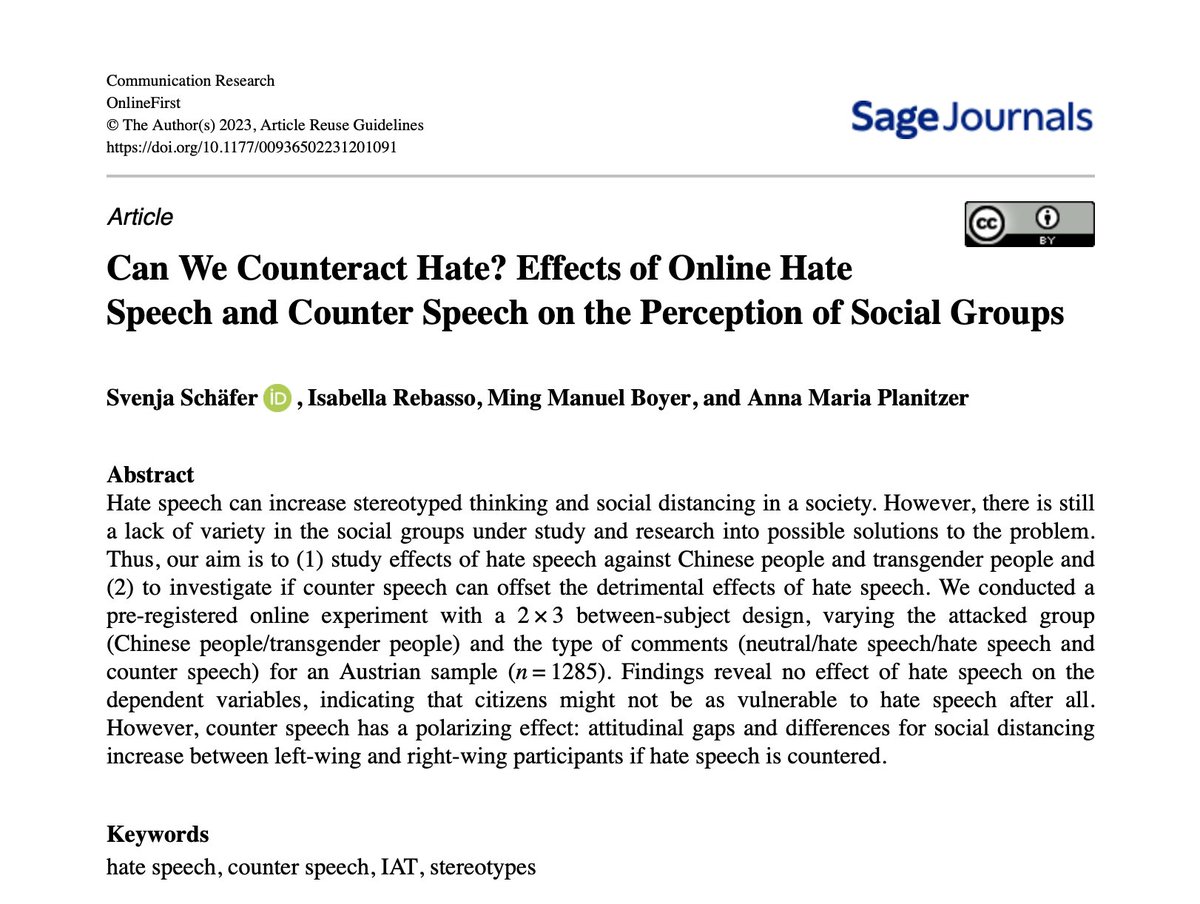 📢 Excited to share our publication in Communication Research! We delved into the impacts of hate speech and counter speech on social group perceptions. Surprisingly, hate speech didn't show a significant effect, but counter speech did, contributing to polarized attitudes.🧐