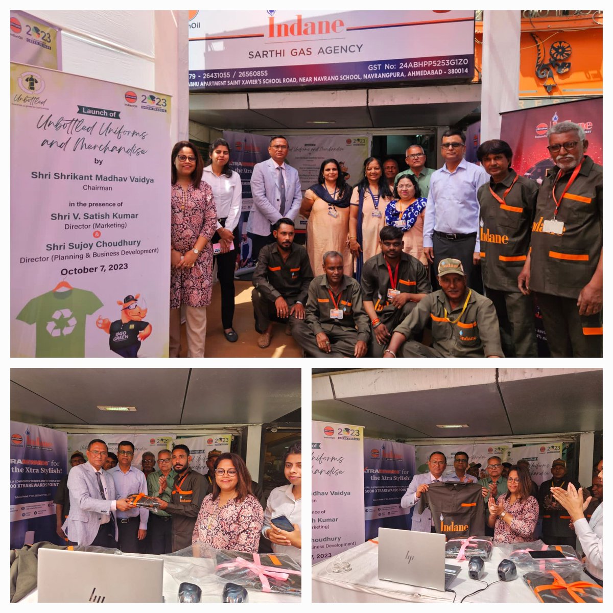 Unbottled Uniforms for delivery men launch was led by GMi/c LPG, GSO Sh.Amarjyoti Bordoloi at Sarthi Gas Agency,Ahmedabad. Delivery men were proud to be provided this recycled green uniform made of 28 used pet bottles.<a href="/ChairmanIOCL/">ChairmanIOC</a> <a href="/DirMktg_iocl/">Director (Marketing), IndianOil</a> <a href="/MANNADURAI7/">M ANNADURAI</a> <a href="/IOCGujarat/">IndianOil Gujarat</a>