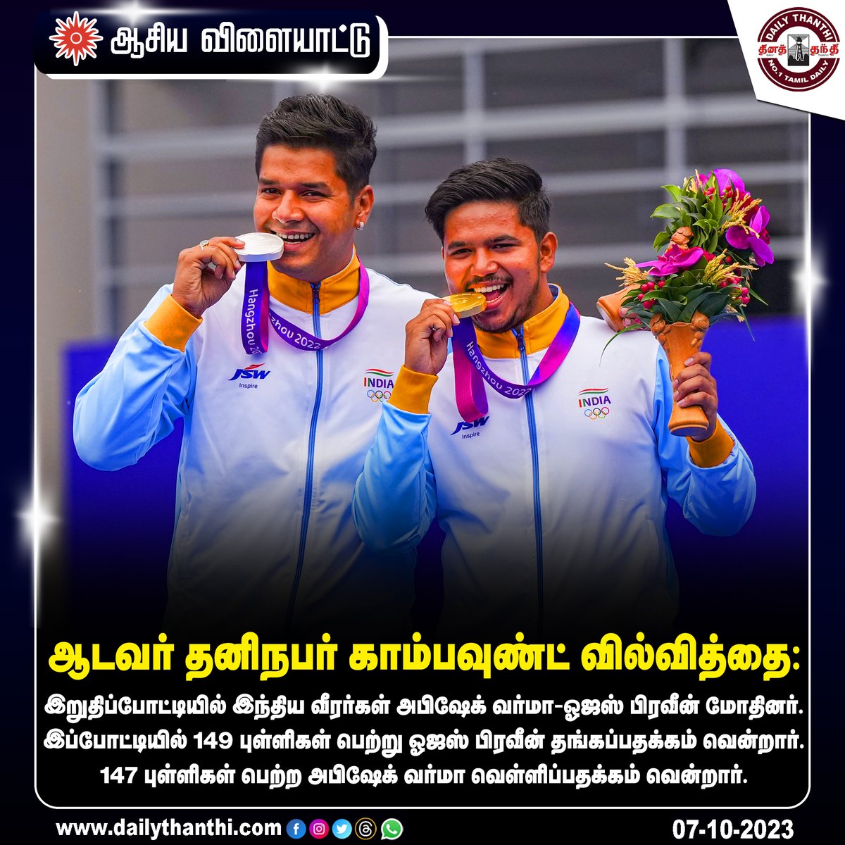 dinathanthi's tweet image. ஆடவர் தனிநபர் காம்பவுண்ட் வில்வித்தை: இறுதிப்போட்டியில் அபிஷேக் வர்மாவை வீழ்த்தி ஓஜஸ் பிரவீன் தங்கப்பதக்கம் வென்றார்.  தோல்வியடைந்த அபிஷேக் வெள்ளிப்பதக்கம் வென்றார்.

#Archery #CompoundArchery #GoldMedallist #AsianGames2022 #AsianGames2023 #India #DT #dailythanthi