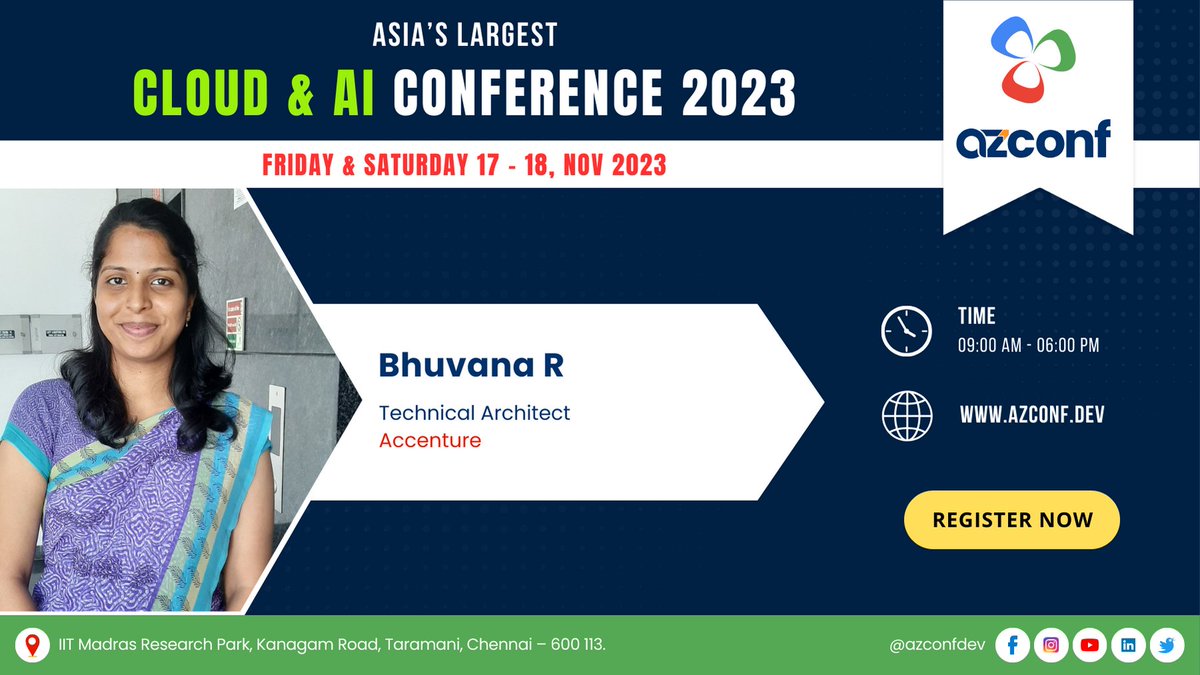 TechXConf's tweet photo. 🎤 Speaker Announcement! 🎤

We are excited to announce that @_bhuvanaguna will be our speaker at AZConf 2023, Asia's Largest Cloud and AI Conference! Join us on November 17-18, 2023, at IIT Madras Research Park in Chennai.

Register Now: https://t.co/8gyXDnGcAQ

#AZConf2023 https://t.co/rwWYMtBOZL