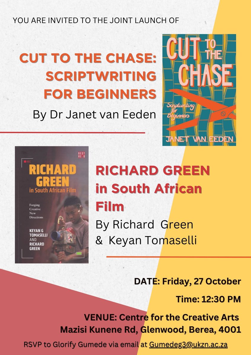 Coming soon! Thank you so much to the Centre for the Creative Arts UKZN, especially @IsmailMahomed &amp; @SakhileGumede for inviting me and the legendary Richard Green to do this launch on the 27th of October. Looking forward to it. @ModjajiBooks <a href="/ColleenHiggs/">Colleen Higgs</a> #CuttotheChase