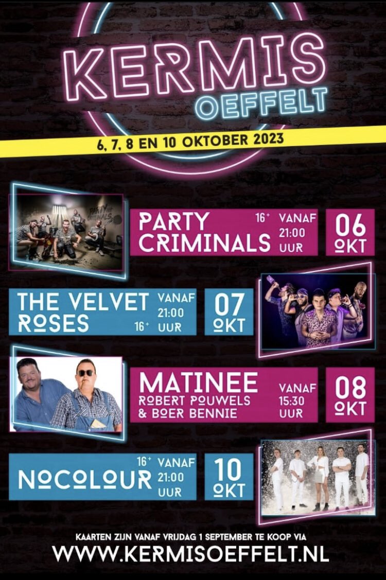 Na de geweldige aftrap met de Party Criminals gisteren, 
is het vanavond de beurt aan The Velvet Roses!

Een Topband in de regio, die ook de kermistent weer helemaal op zijn kop gaat zetten!

Tickets zijn nog te koop via:

kermisoeffelt.nl

Tot vanavond!