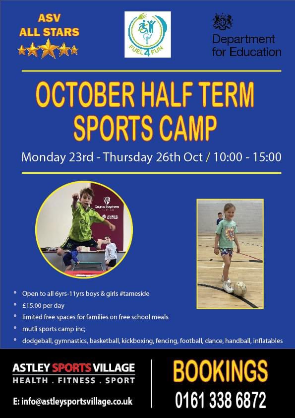October half term incoming here at #astleysportsvillage as we partner up with @Fuel_4_Fun for another action packed week of multi sports fun for local #tameside #dukinfield kids 🙌

#activekids <a href="/TamesideSN/">Active Tameside Sport & Physical Activity Network</a>