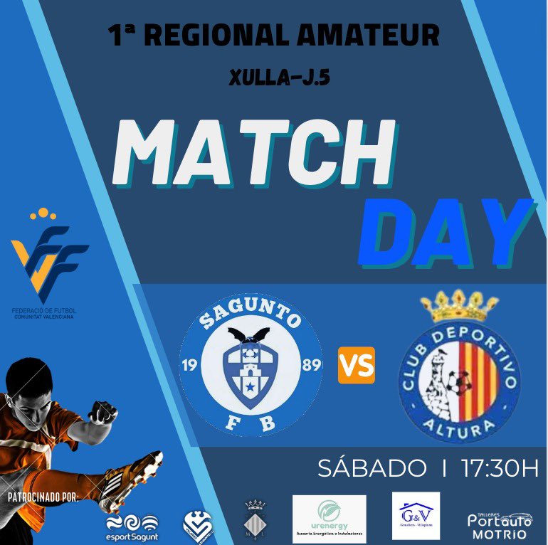 🚨🚨 Hoy juega nuestro equipo AMATEUR 👀👀

<a href="/Sagunto_FB/">Sagunto FB Oficial ⚽️🐸</a> 🆚 <a href="/CDAltura/">CDAltura</a> 

⏰17:30h
🗓️J.5 -Sábado 
🏟️Camp del Xulla-Vicent Graullera

¡VAMOS SAGUNTO! ⚔️💙🤍⚔️

#adnsaguntofb