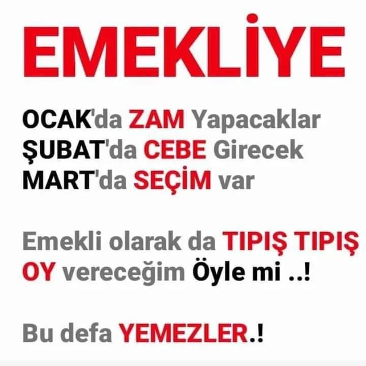Ülkenin işçisi, emekçisi ve emeklisi olarak, derdimiz GEÇİM.

"İnsan onuruna yaraşır bir hayat sürebilmek. Geleceğe güvenle bakabilmek"

EMEK, en yüce değerdir.

Milletin alınteri ve mağduriyeti, SEÇİM yatırımı olamaz.

Acilen çözüm bekliyoruz.<a href="/memetsimsek/">Mehmet Simsek</a> 
#EmekliBugünZamİstiyor